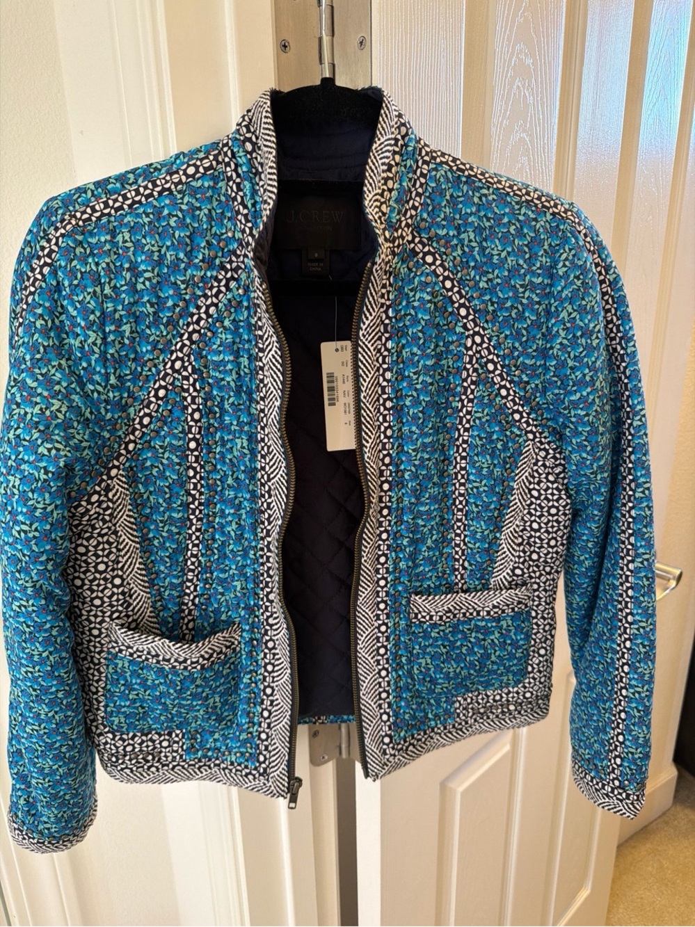 J. Crew Collection NWT Blue Floral Quilted Jacket Studded Trim Silk Blend Size 8